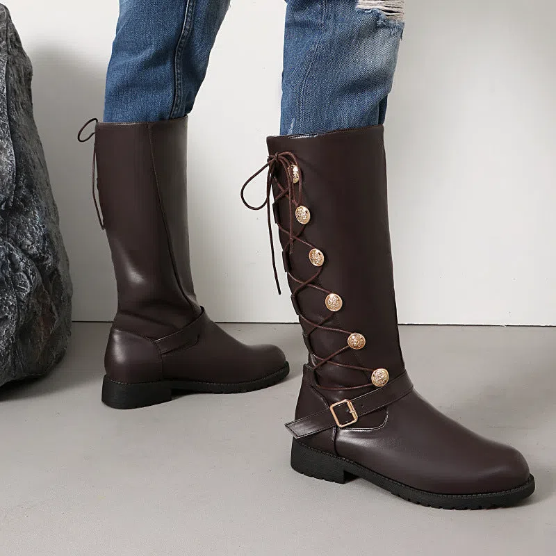 Women's high-top synthetic leather boots with chunky heel, side zipper, and round toe in black colour