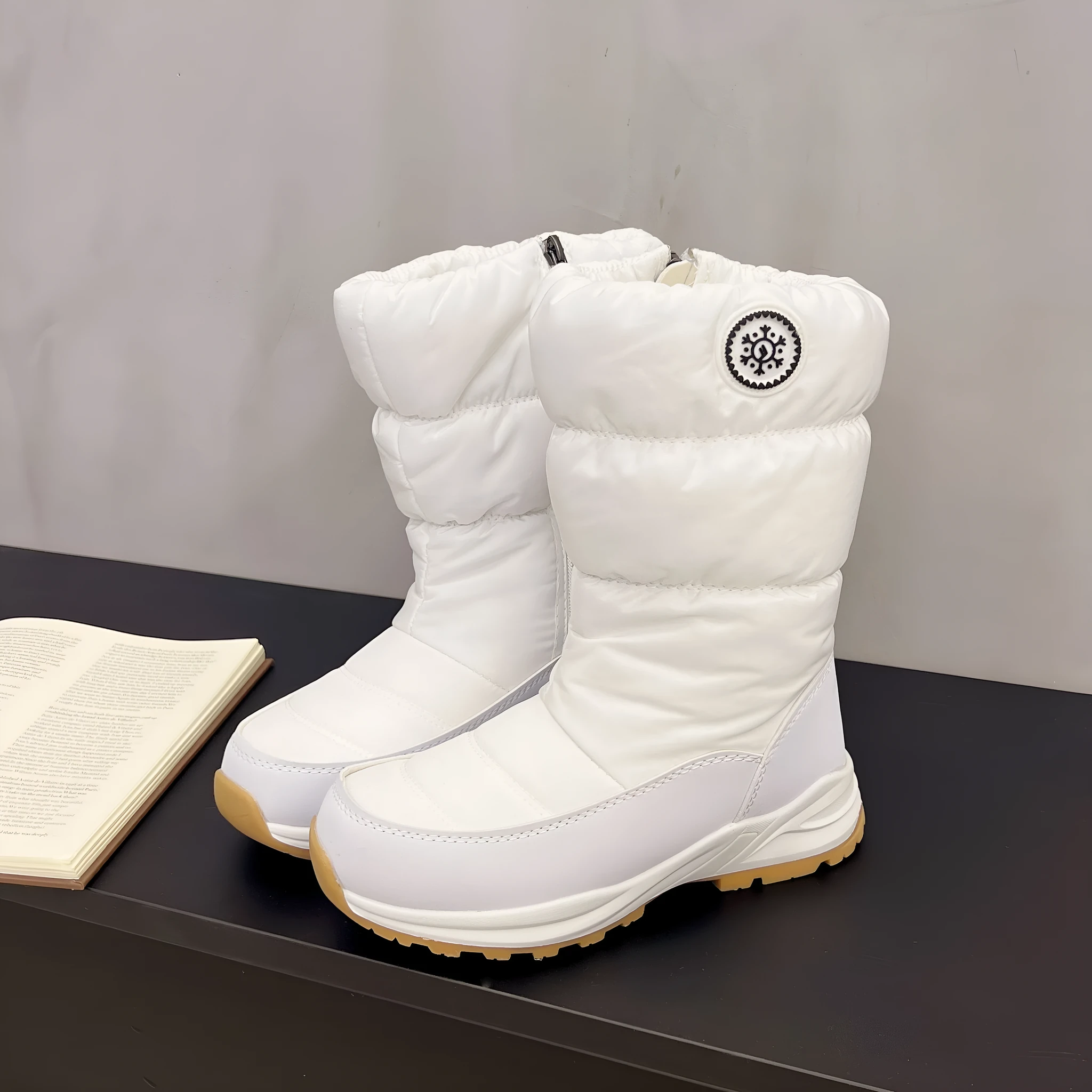 Women’s thickened cotton mid-calf snow boots with side zipper and chunky heel in black waterproof silk upper