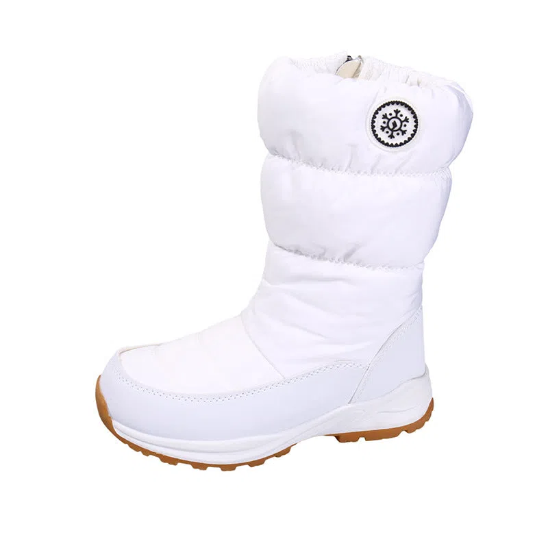 Women’s thickened cotton mid-calf snow boots with side zipper and chunky heel in black waterproof silk upper