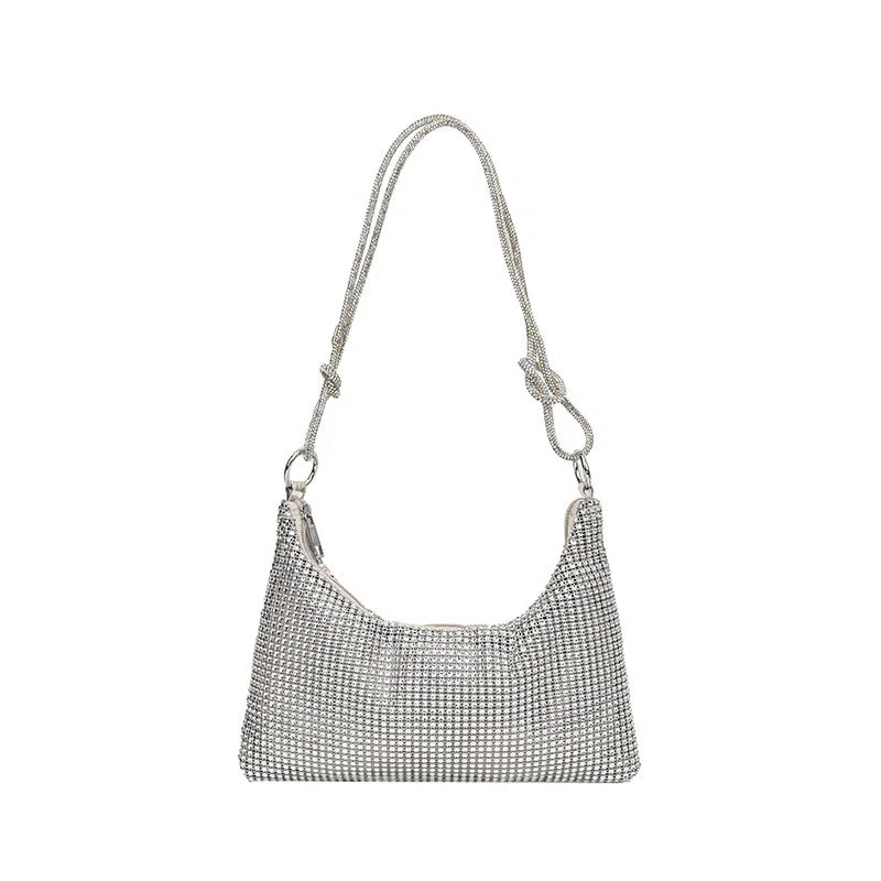 Women's solid-colour nylon shoulder bag with faux rhinestone details, chain strap, and zipper closure in silver