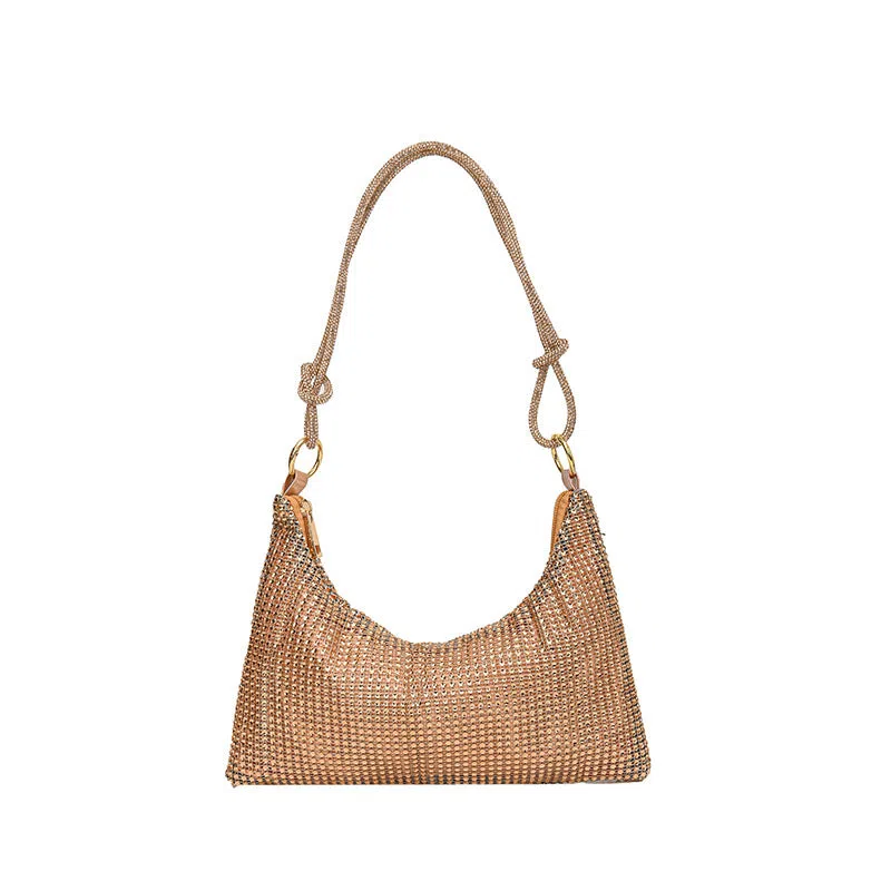 Women's solid-colour nylon shoulder bag with faux rhinestone details, chain strap, and zipper closure in silver