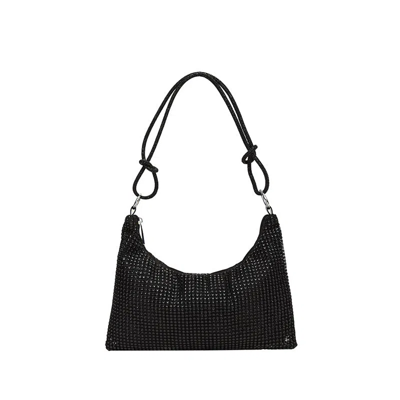 Women's solid-colour nylon shoulder bag with faux rhinestone details, chain strap, and zipper closure in silver