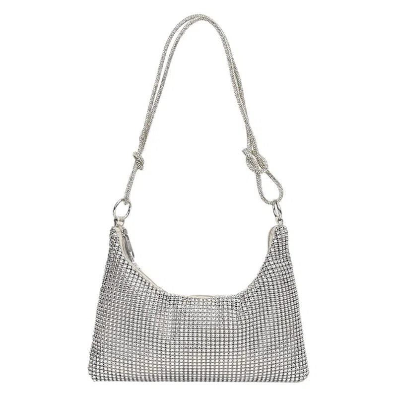 Women's solid-colour nylon shoulder bag with faux rhinestone details, chain strap, and zipper closure in silver