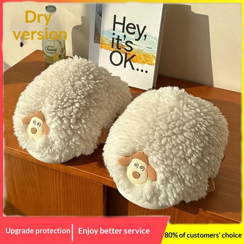 Women's cartoon sheepskin cotton slippers with wool lining and non-slip PVC outsole in black and white upgrade
