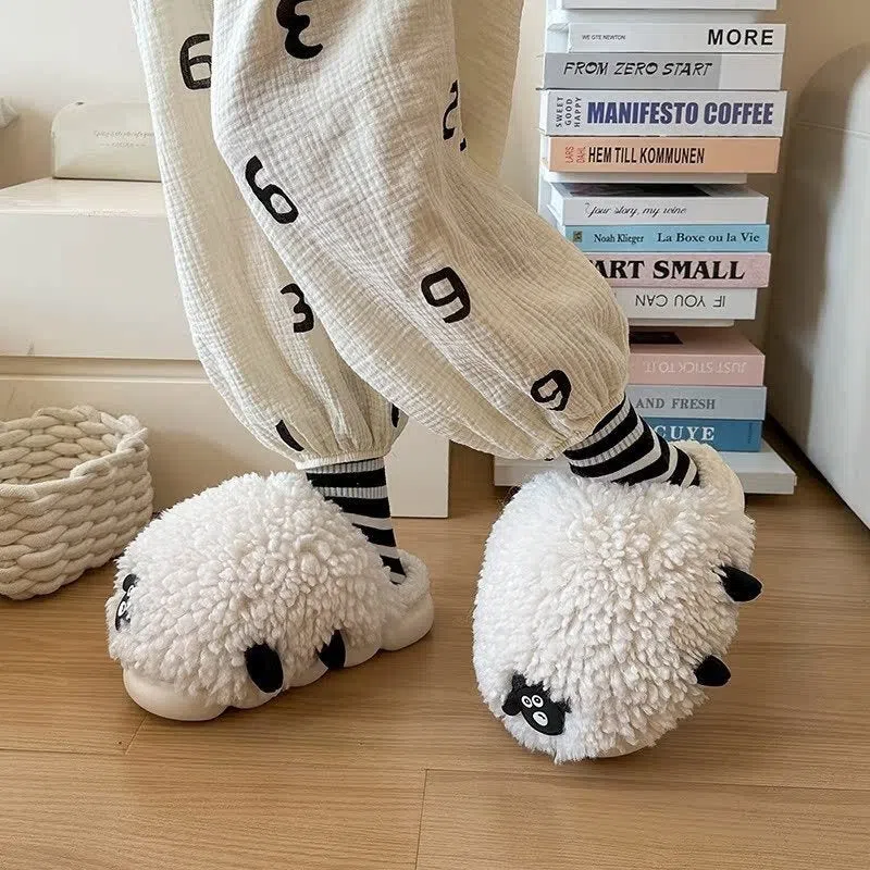 Women's cartoon sheepskin cotton slippers with wool lining and non-slip PVC outsole in black and white upgrade