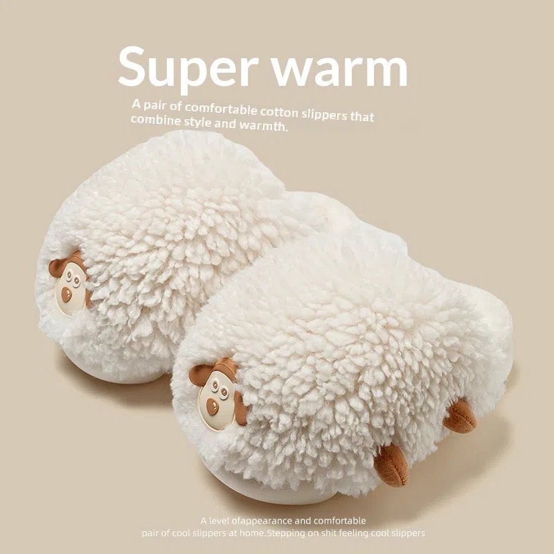 Women's cartoon sheepskin cotton slippers with wool lining and non-slip PVC outsole in black and white upgrade