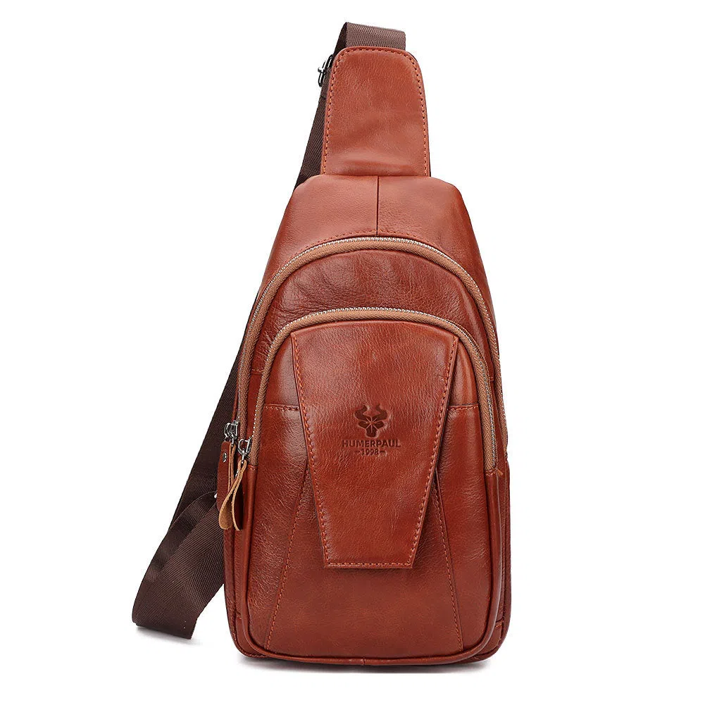 Men's full-grain cowhide single-shoulder bag in dark brown with stitched detailing and solid colour finish