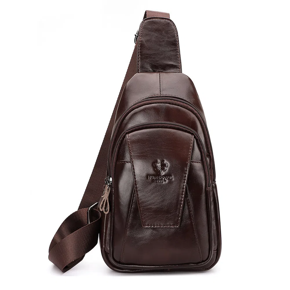 Men's full-grain cowhide single-shoulder bag in dark brown with stitched detailing and solid colour finish