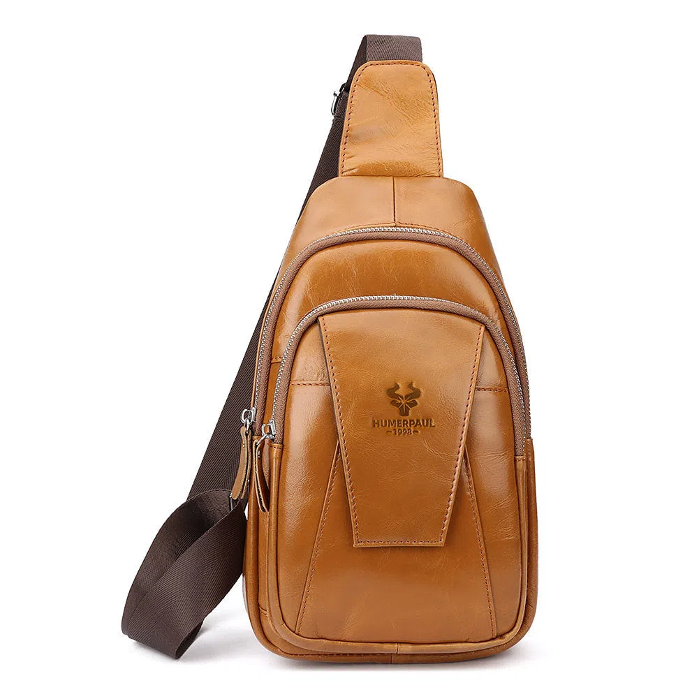 Men's full-grain cowhide single-shoulder bag in dark brown with stitched detailing and solid colour finish