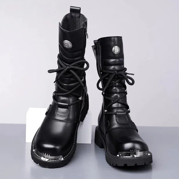 Men's black high-top riding boots with side zipper, round toe, and flat heel in vintage British style