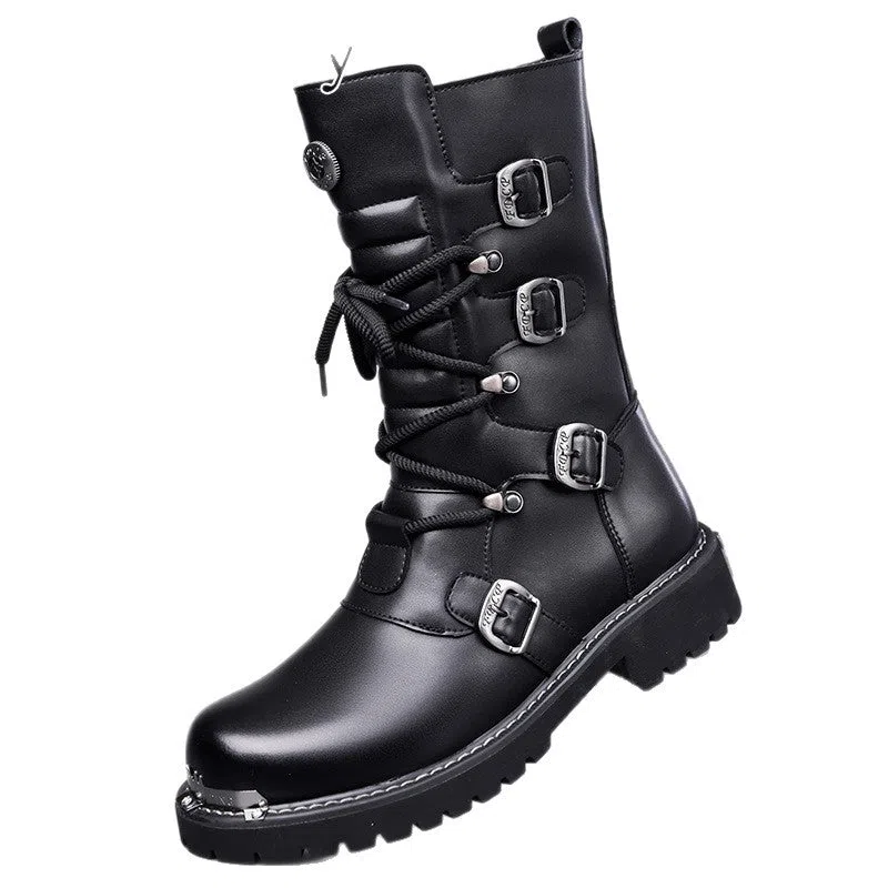 Men's black high-top riding boots with side zipper, round toe, and flat heel in vintage British style