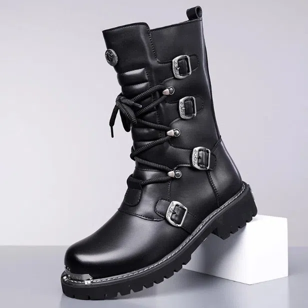 Men's black high-top riding boots with side zipper, round toe, and flat heel in vintage British style
