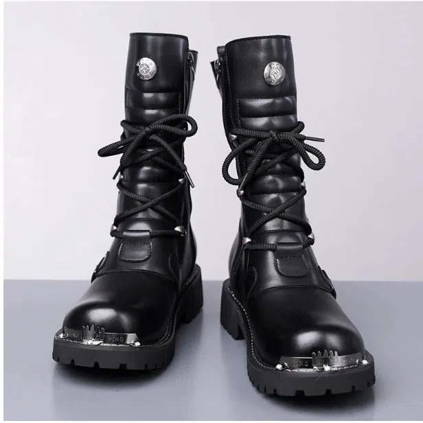 Men's black high-top riding boots with side zipper, round toe, and flat heel in vintage British style