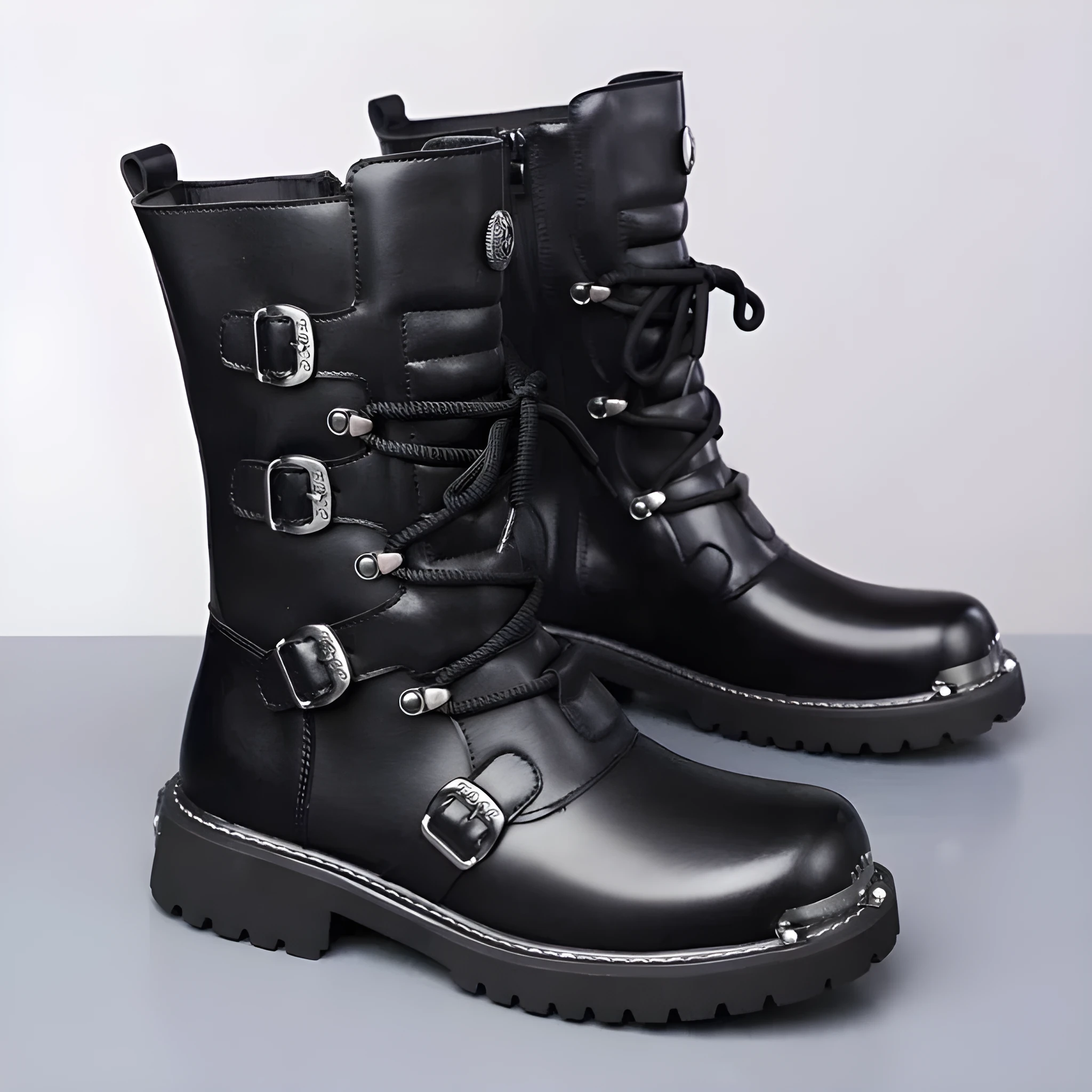 Men's black high-top riding boots with side zipper, round toe, and flat heel in vintage British style