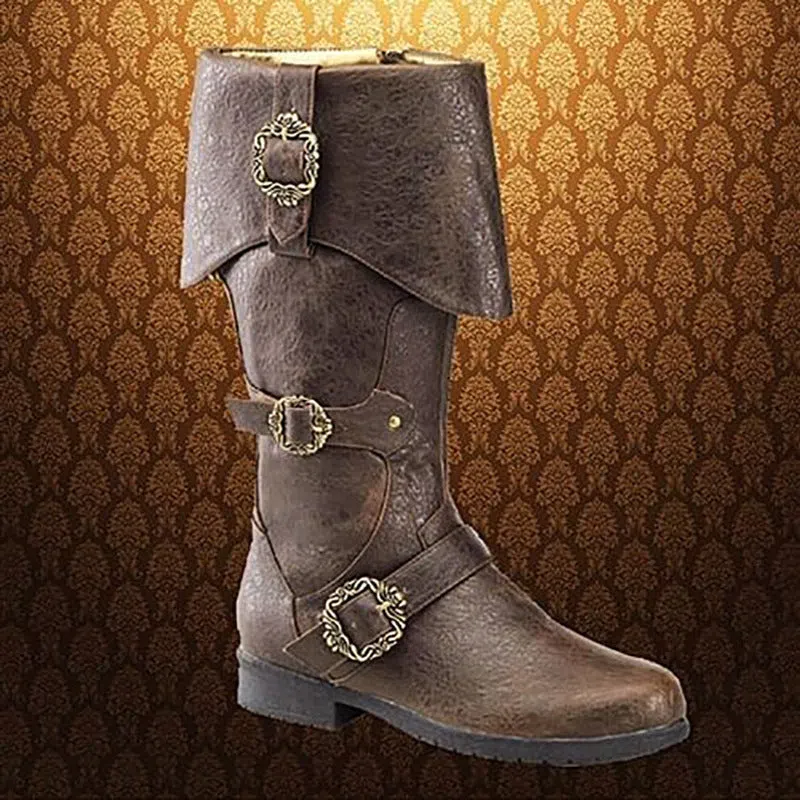 Medieval Renaissance cosplay boots in dark brown with high shaft, chunky heel, and turn-up design