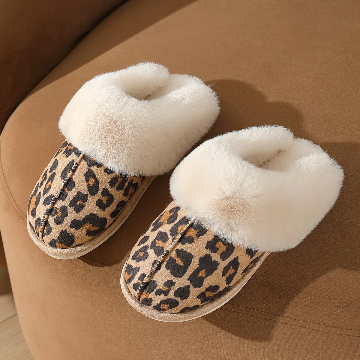 Large cotton slippers for women in beige with cowhide leather upper and sheared sheepskin lining, non-slip PVC outsole