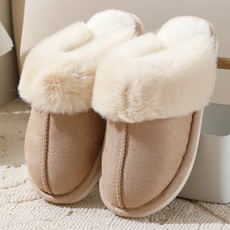 Large cotton slippers for women in beige with cowhide leather upper and sheared sheepskin lining, non-slip PVC outsole