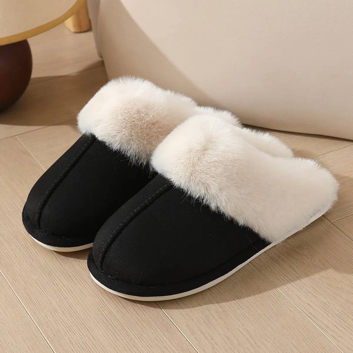 Large cotton slippers for women in beige with cowhide leather upper and sheared sheepskin lining, non-slip PVC outsole
