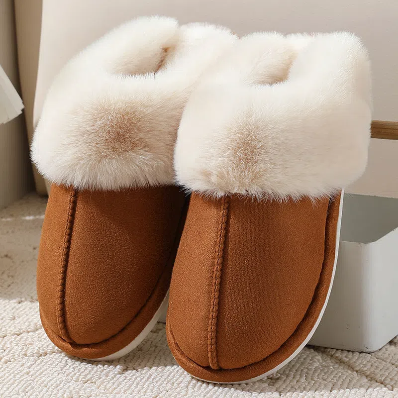 Large cotton slippers for women in beige with cowhide leather upper and sheared sheepskin lining, non-slip PVC outsole