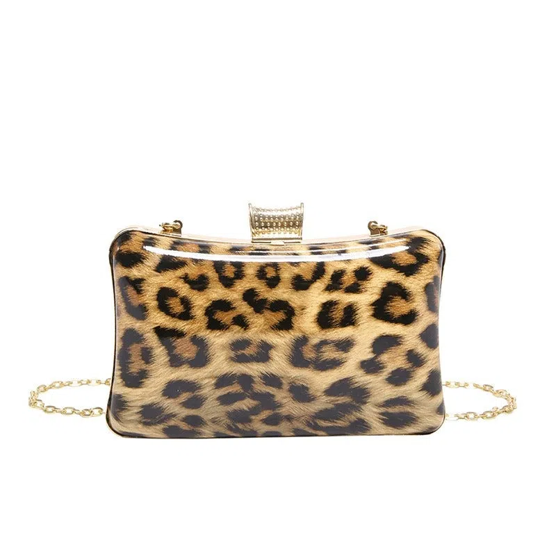 Leopard-print square PU handbag with internal phone pocket, in black and brown colour options