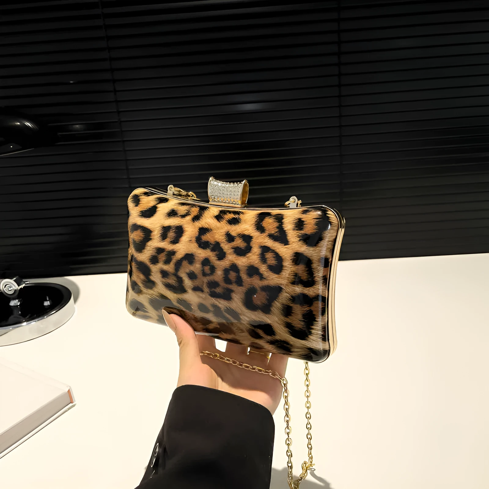 Leopard-print square PU handbag with internal phone pocket, in black and brown colour options
