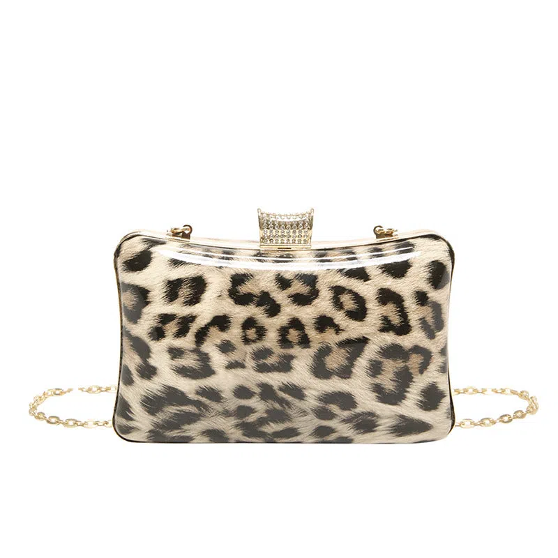 Leopard-print square PU handbag with internal phone pocket, in black and brown colour options