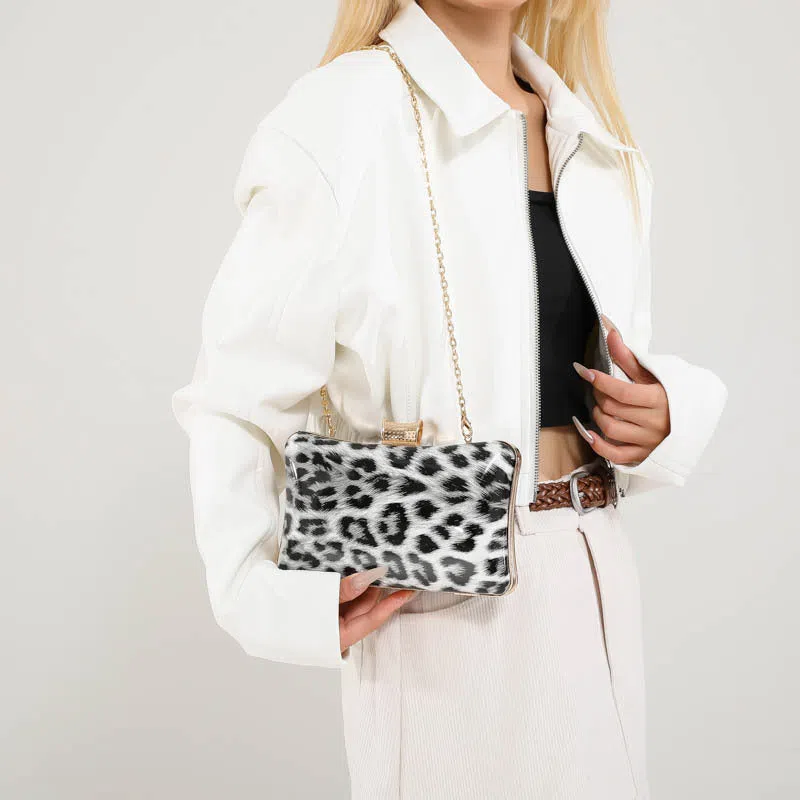 Leopard-print square PU handbag with internal phone pocket, in black and brown colour options