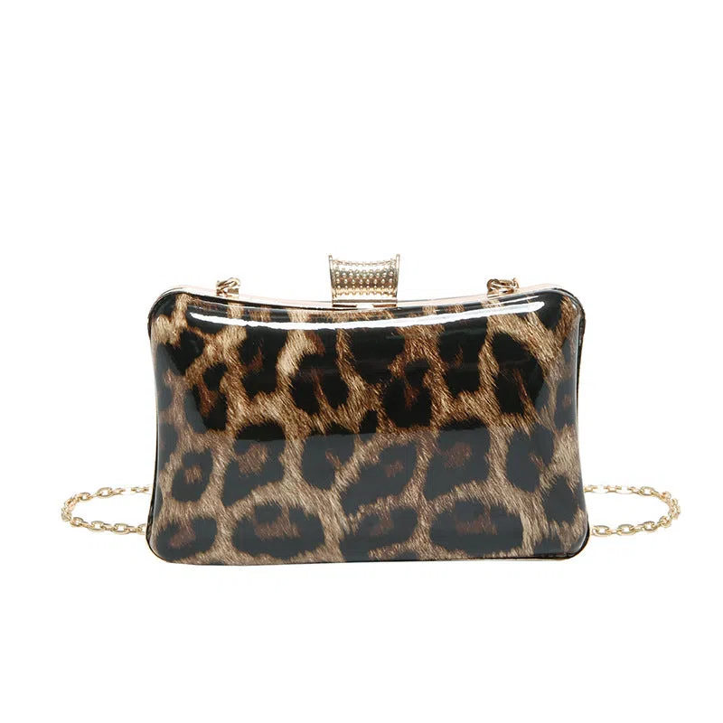 Leopard-print square PU handbag with internal phone pocket, in black and brown colour options