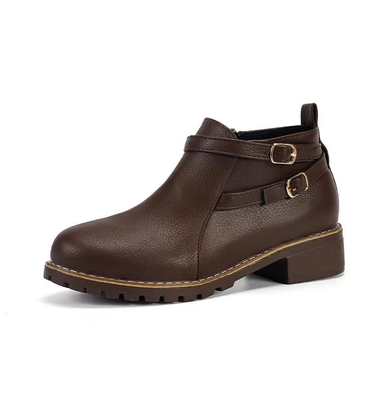 Low-heeled leather belt-buckle plus-size round-toe ankle boots in black with side zipper and chunky heel