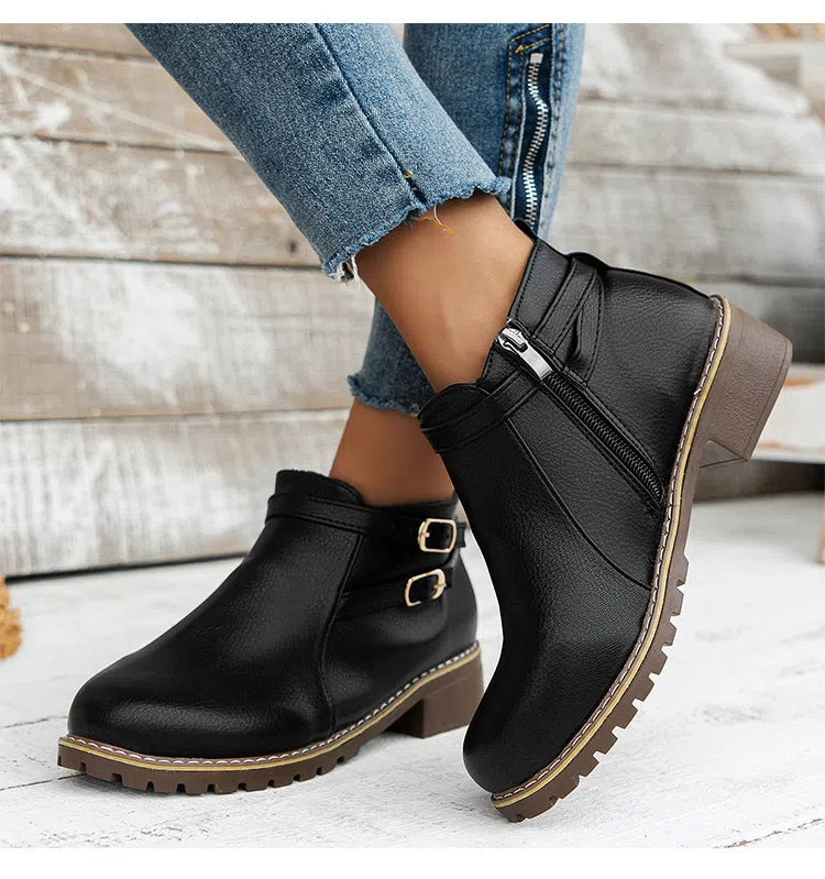 Low-heeled leather belt-buckle plus-size round-toe ankle boots in black with side zipper and chunky heel