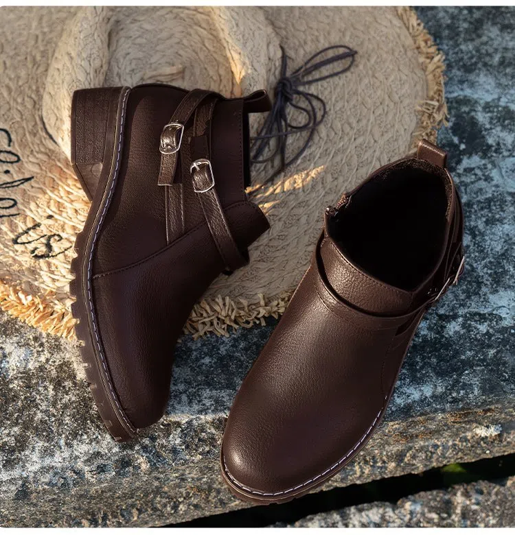 Low-heeled leather belt-buckle plus-size round-toe ankle boots in black with side zipper and chunky heel