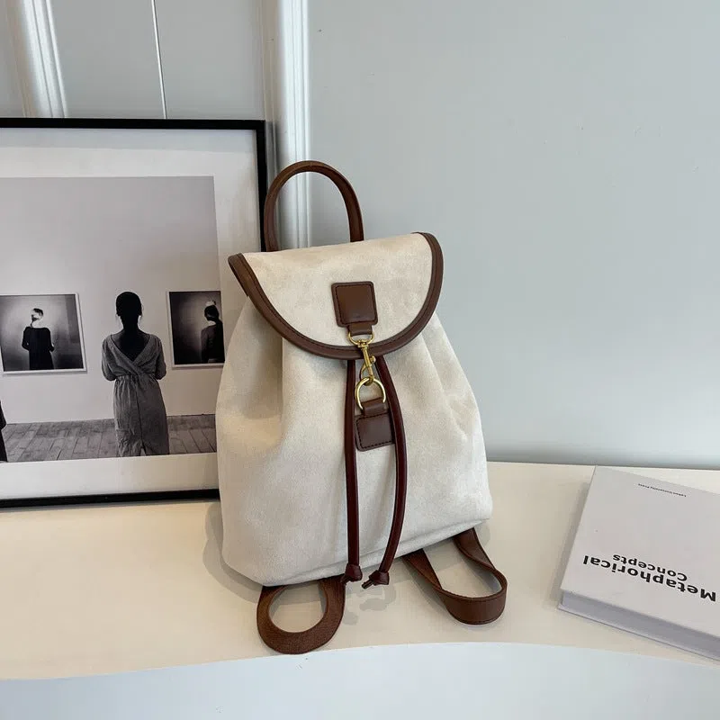 Casual women's suede backpack in PU with patchwork stitching, available in multiple colours, urban minimalist style