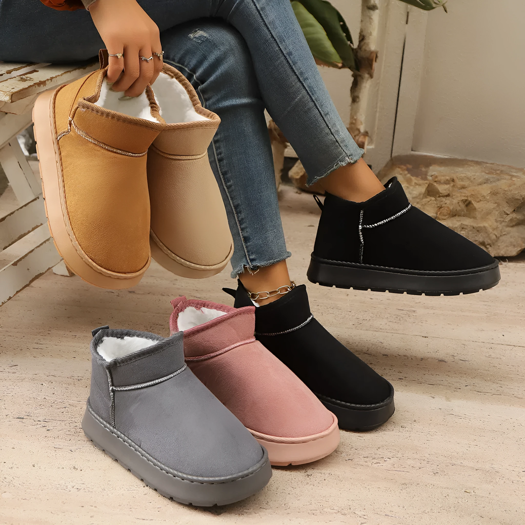 Short snow boots for women with thick non-slip soles and plush lining in black synthetic leather