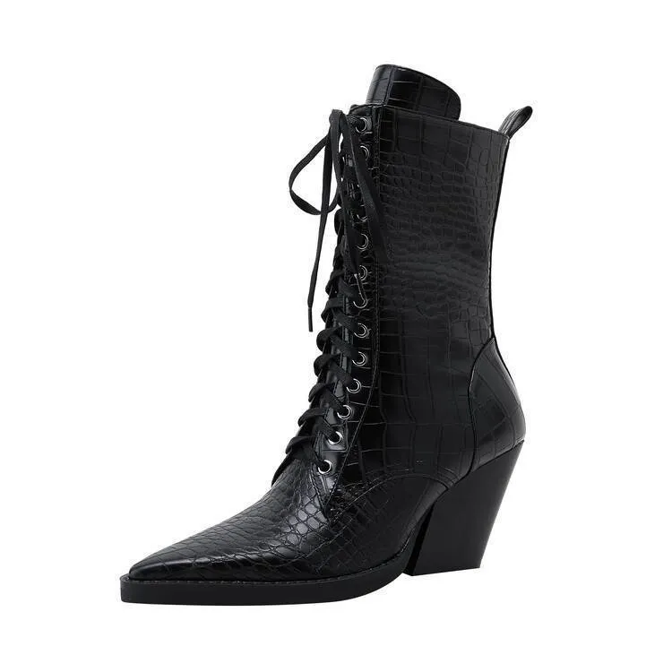 Dark brown women's pointed toe boots with chunky heel and side zip.