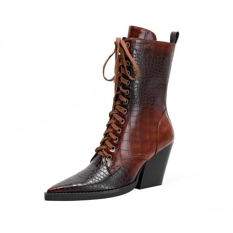 Dark brown women's pointed toe boots with chunky heel and side zip.