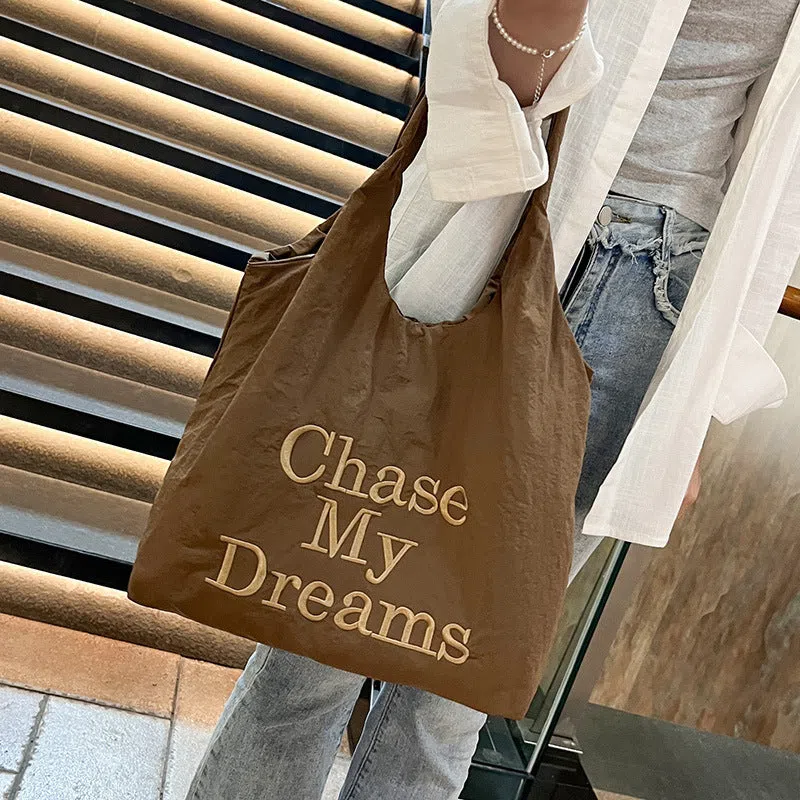 Korean-style 3D letter nylon shoulder bag with minimalist embroidery in horizontal rectangular shape, double straps, available in multiple colours