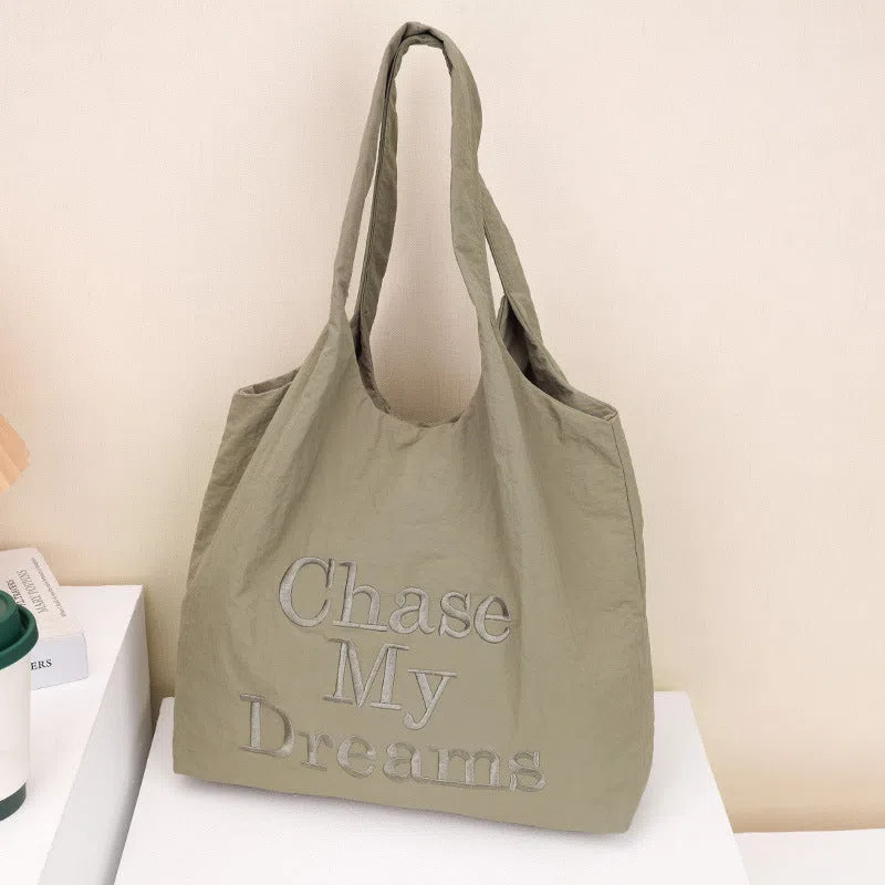 Korean-style 3D letter nylon shoulder bag with minimalist embroidery in horizontal rectangular shape, double straps, available in multiple colours