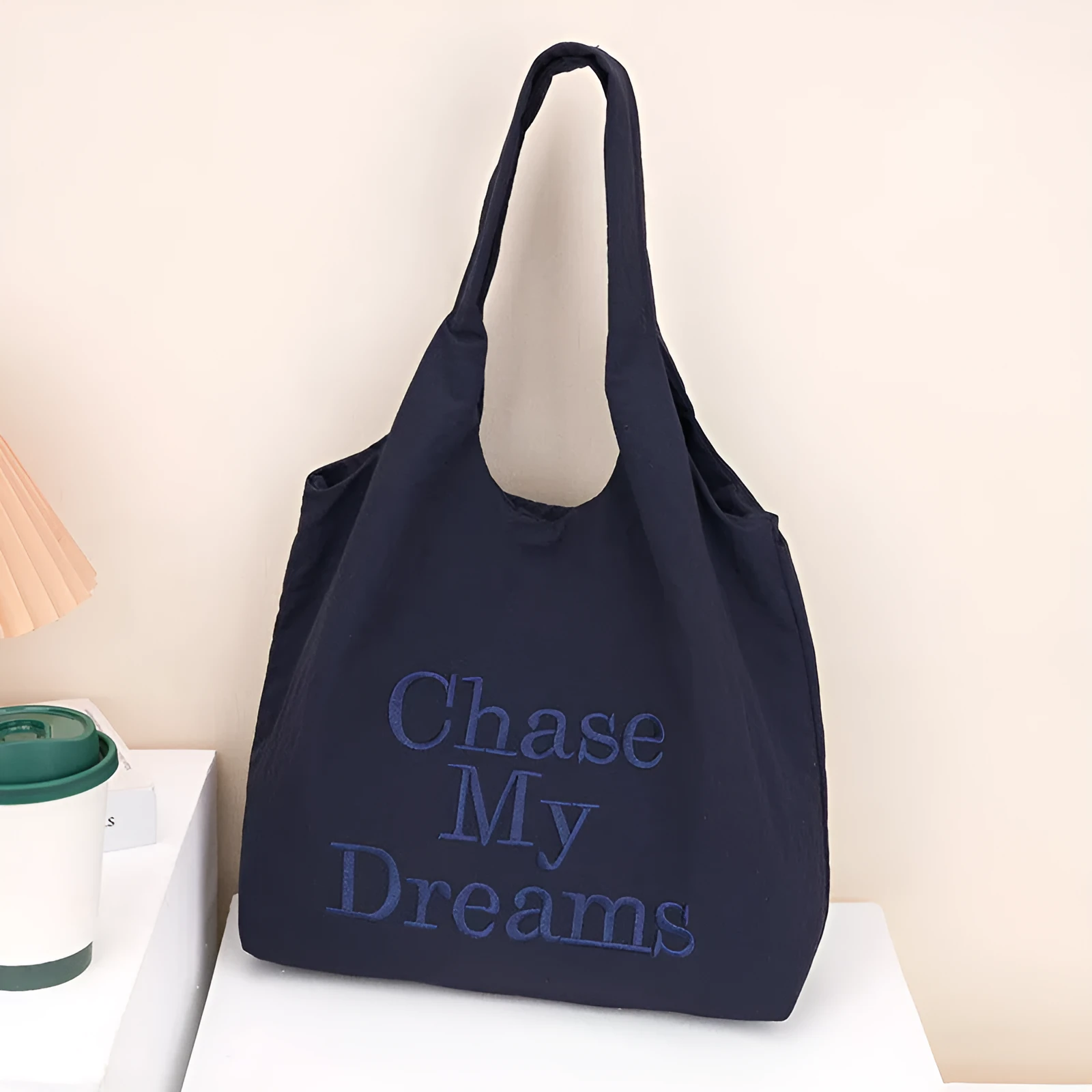 Korean-style 3D letter nylon shoulder bag with minimalist embroidery in horizontal rectangular shape, double straps, available in multiple colours