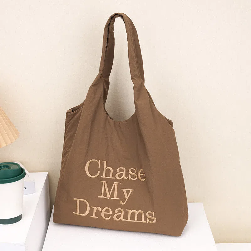 Korean-style 3D letter nylon shoulder bag with minimalist embroidery in horizontal rectangular shape, double straps, available in multiple colours