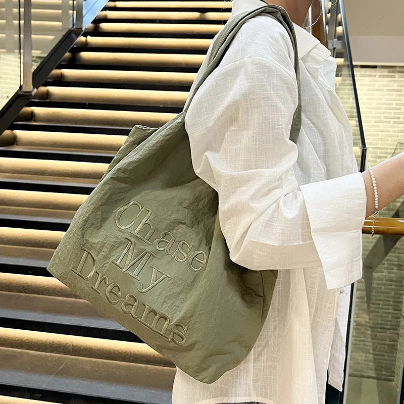 Korean-style 3D letter nylon shoulder bag with minimalist embroidery in horizontal rectangular shape, double straps, available in multiple colours