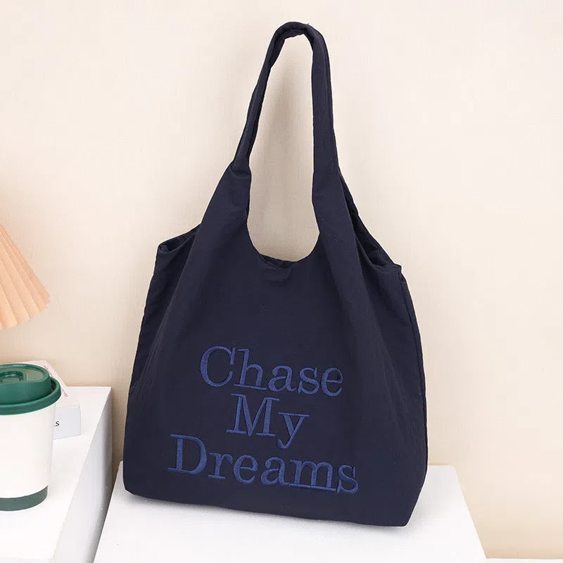 Korean-style 3D letter nylon shoulder bag with minimalist embroidery in horizontal rectangular shape, double straps, available in multiple colours