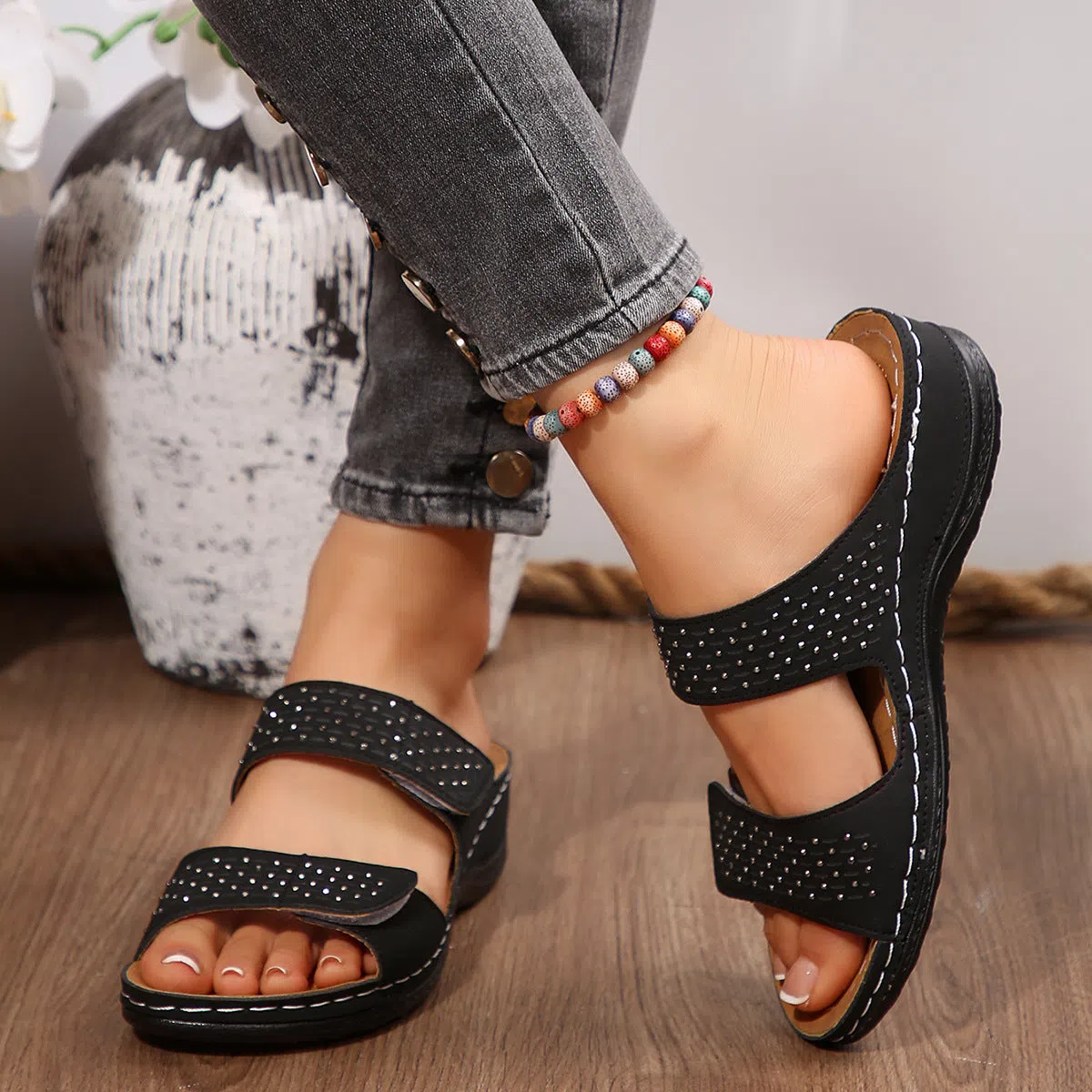 Women's plus-size hollowed-out wedge sandals in synthetic PU with open toe
