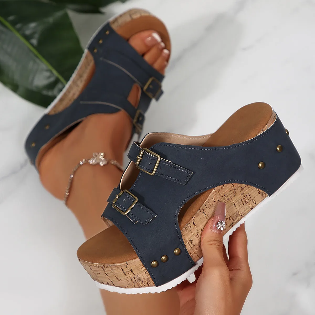Women's platform sandals with fish mouth scaffold design in navy blue, brown, white, or black.