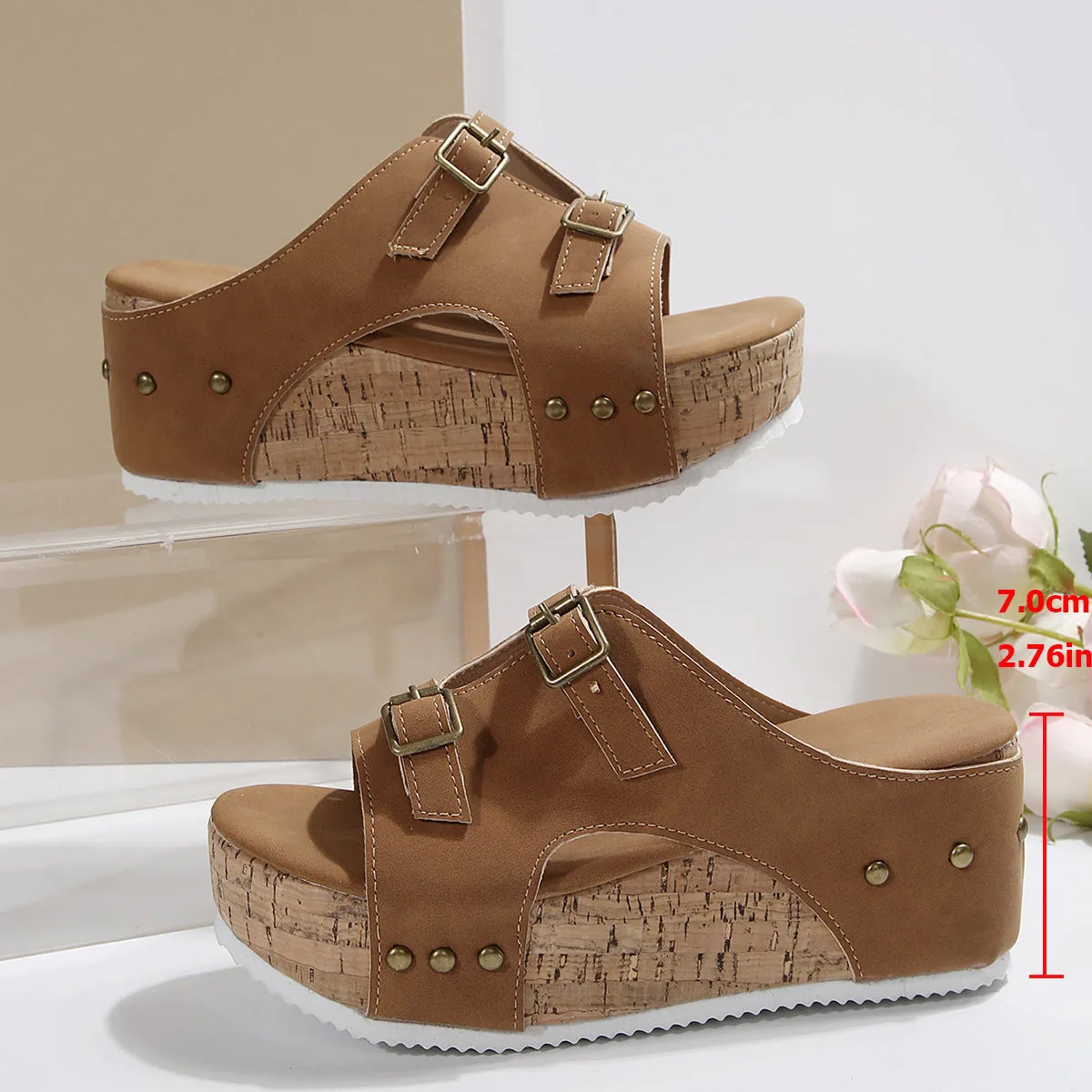 Women's platform sandals with fish mouth scaffold design in navy blue, brown, white, or black.