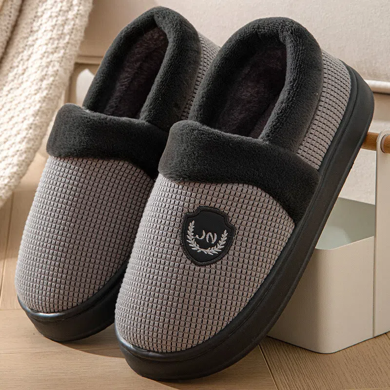 Fleece-lined warm cotton shoes for men with thick non-slip EVA sole in gray-green colour