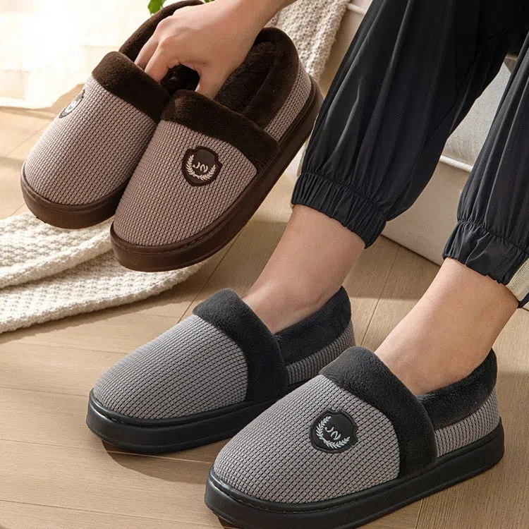 Fleece-lined warm cotton shoes for men with thick non-slip EVA sole in gray-green colour