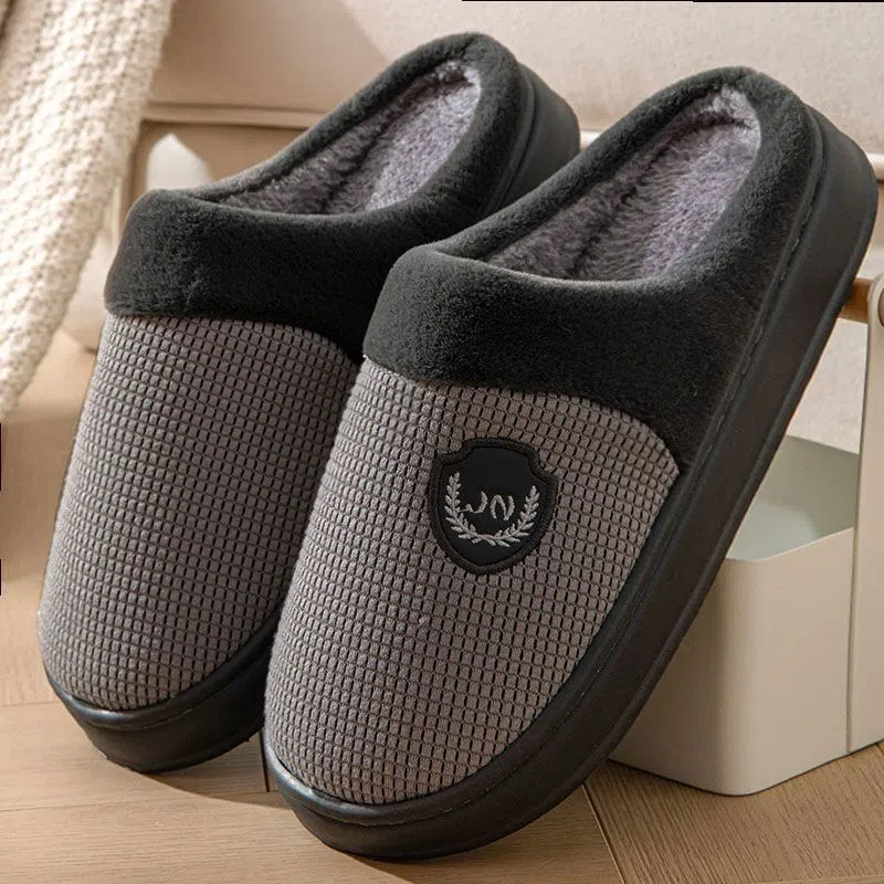 Fleece-lined warm cotton shoes for men with thick non-slip EVA sole in gray-green colour
