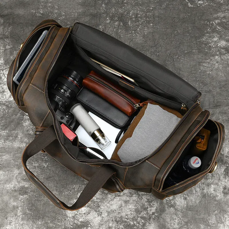 Men's genuine leather handbag large-capacity crossbody bag dark brown full-grain cowhide stitched seams