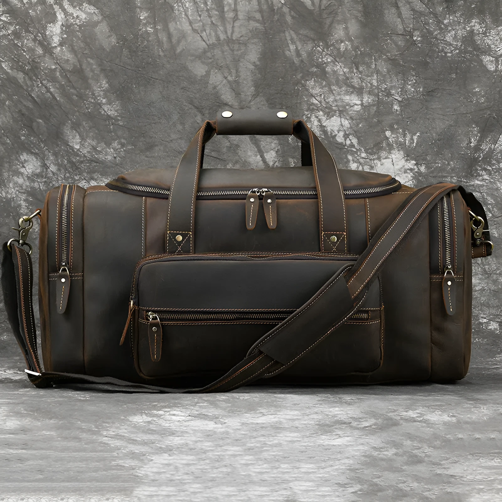 Men's genuine leather handbag large-capacity crossbody bag dark brown full-grain cowhide stitched seams