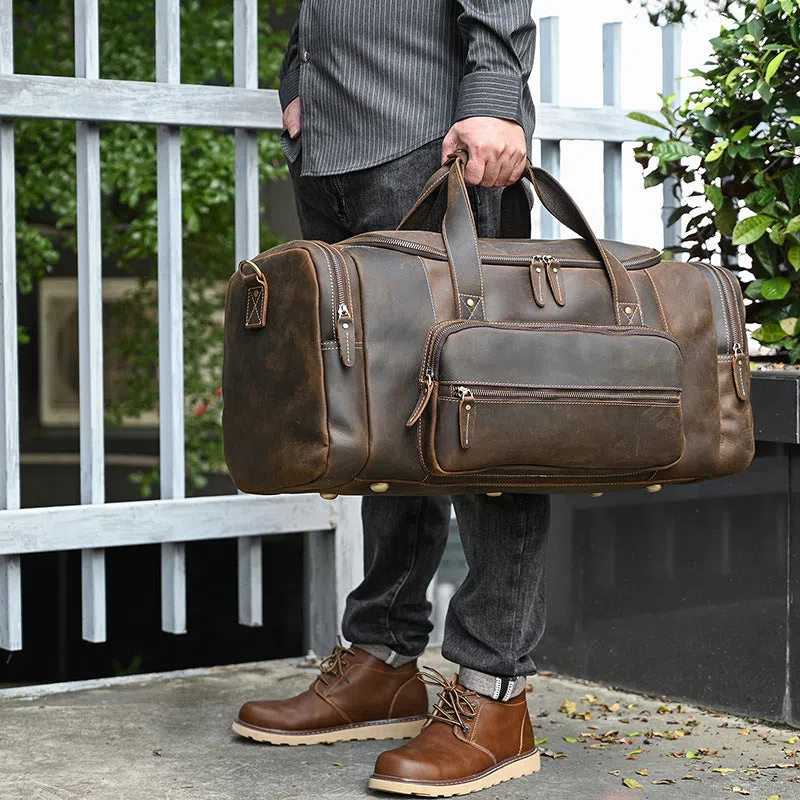 Men's genuine leather handbag large-capacity crossbody bag dark brown full-grain cowhide stitched seams
